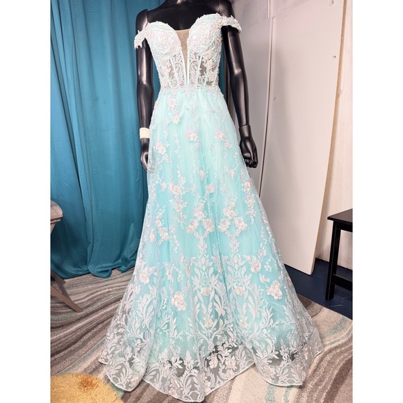 Morrell Maxie Size 4 Aqua White Floral Lace Off Shoulder Formal Gown - Picture 1 of 16